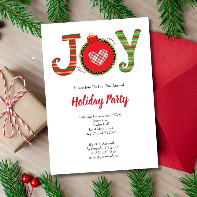 Joy Red Green Christmas Holiday Party Invitation (Joy Christmas Holiday Hanukkah Party Invitation. Printed or Instant digital Download)