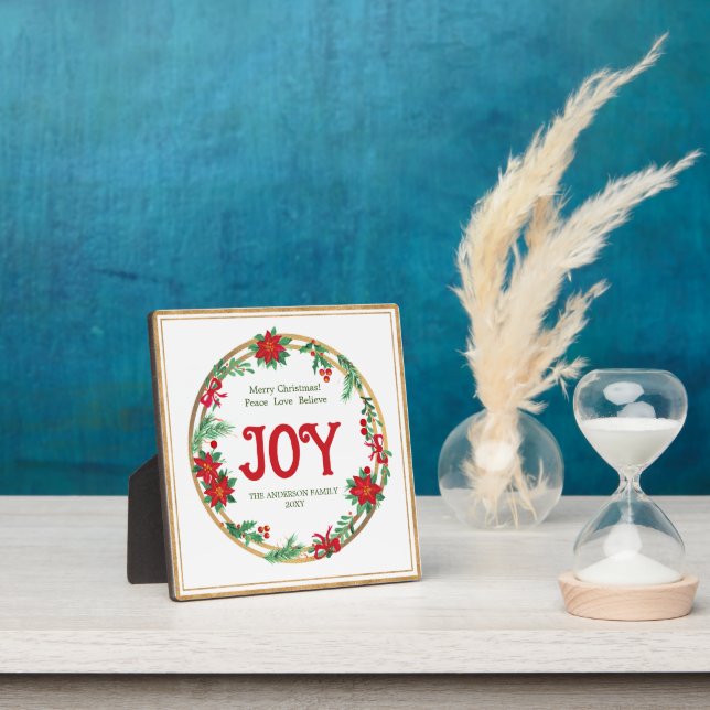 Joy Red Green Gold Poinsettia  Wreath Christmas Plaque (Insitu)
