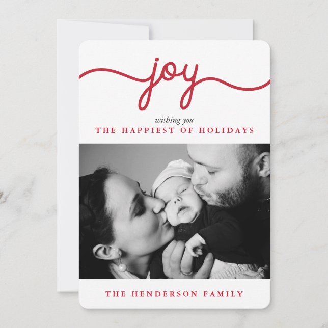 Joy Red Modern Script Christmas Photo Card (Front)