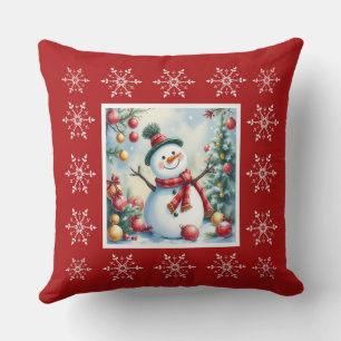 Joy Red nd Green Cute Christmas Snowflakes Snowman Throw Pillow
