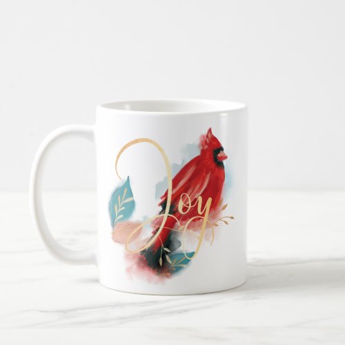 Joy Red Perched Cardinal Watercolor Christmas Bird Coffee Mug