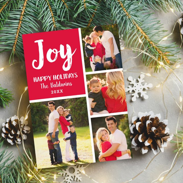 Joy Red Photo Collage Happy Holidays Holiday Card (Creator Uploaded)