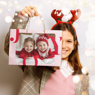 JOY Red & Pink Modern Christmas Photo Large Gift Bag