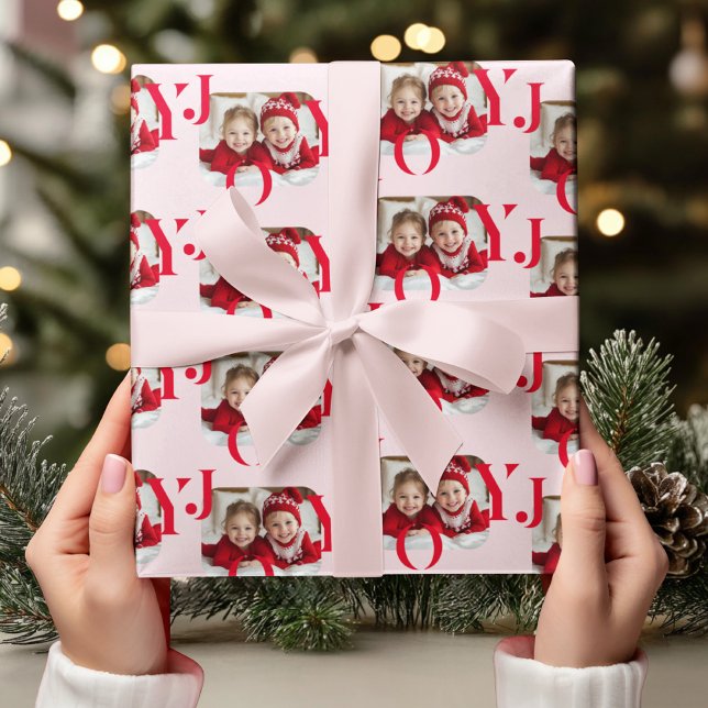 JOY | Red & Pink Modern Christmas Photo  Wrapping Paper (Creator Uploaded)