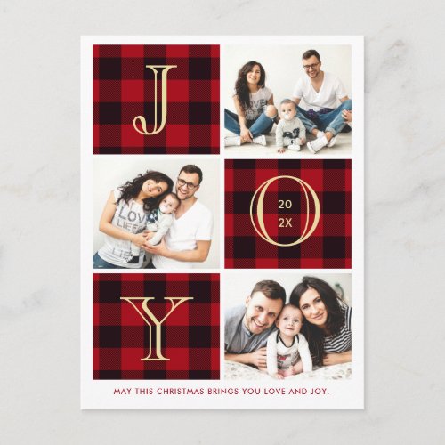 JOY | Red Plaid Photo Collage Christmas Holiday Postcard