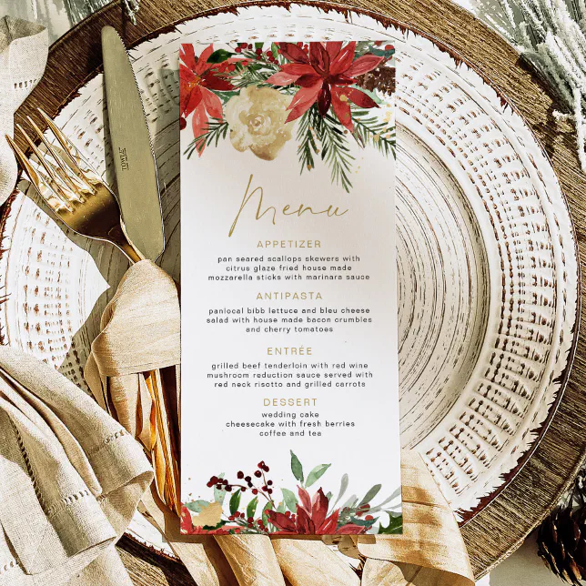 JOY Red Poinsettia and Pine Christmas Dinner Menu
