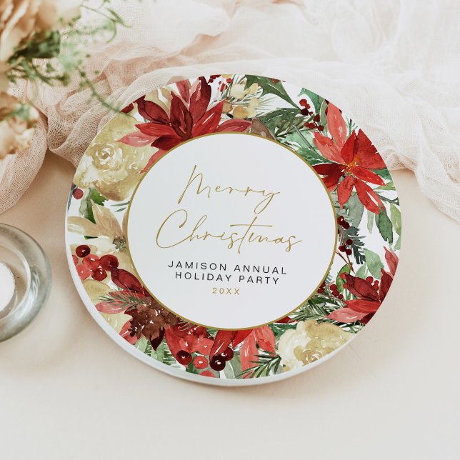 JOY Red Poinsettia Christmas Party Decor Paper Plates (Creator Uploaded)