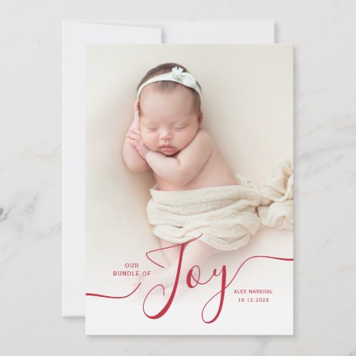 joy red script holiday birth announcement 