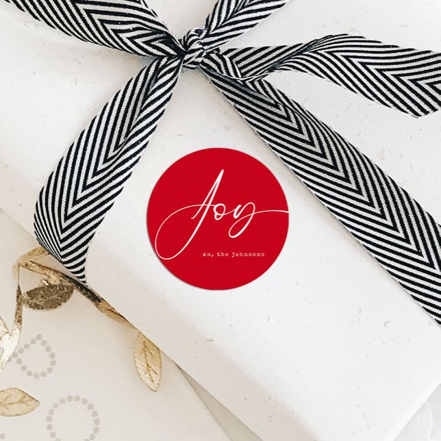 Joy Red Script Holiday Christmas Classic Round Sticker (Creator Uploaded)