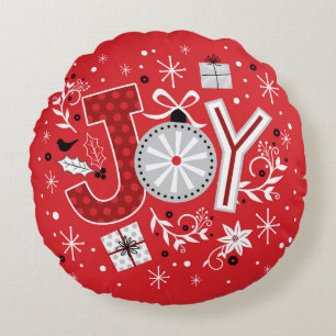Joy Red Silver Christmas Ornaments Round Pillow