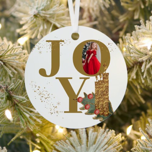 Joy Red Sparky Christmas Candles Photo Metal Ornament