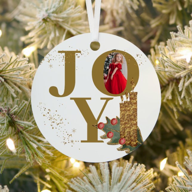 Joy Red Sparky Christmas Candles Photo Metal Ornament (Insitu)