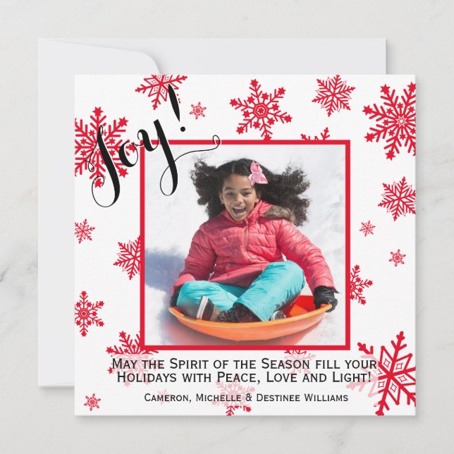 Joy! Red & White Snowflakes Holiday Photo Card (Front)