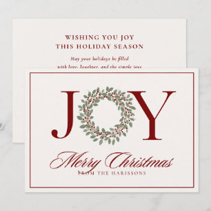 Joy red wreath non photo holiday christmas card