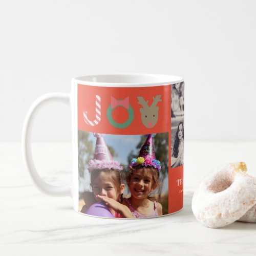 JOY Reindeer 3 Photo Collage Christmas Holiday Red Coffee Mug