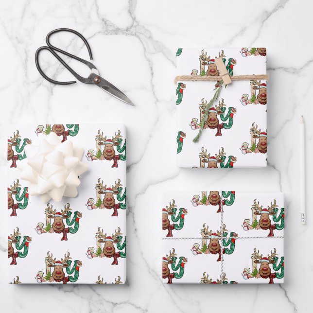 Joy Reindeer Fun Christmas Holiday Wrapping Paper Sheets (Front)