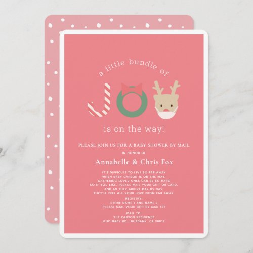 Joy Reindeer Mask Pink Holiday Baby Shower by Mail Invitation