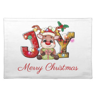 Joy Reindeer Red Green Christmas Lights Holiday Cloth Placemat