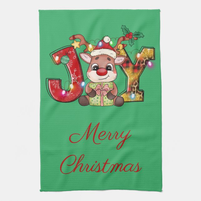 Joy Reindeer Red Green Christmas Lights Holiday Kitchen Towel (Vertical)