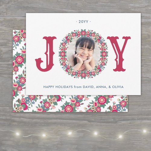 Joy Retro Floral Holiday Wreath One Photo Colorful