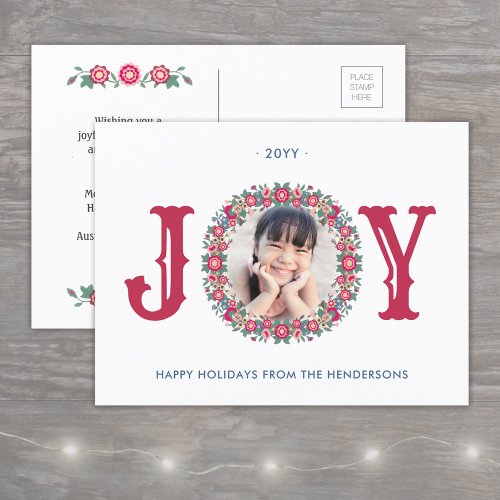 Joy Retro Floral Holiday Wreath One Photo Colorful Announcement Postcard