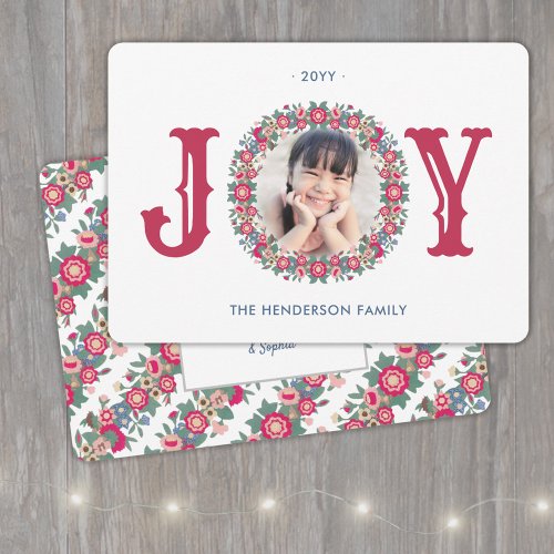 Joy Retro Holiday Floral Wreath One Photo Colorful