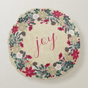 Joy - Reversible Floral Farmhouse Christmas Wreath Round Pillow