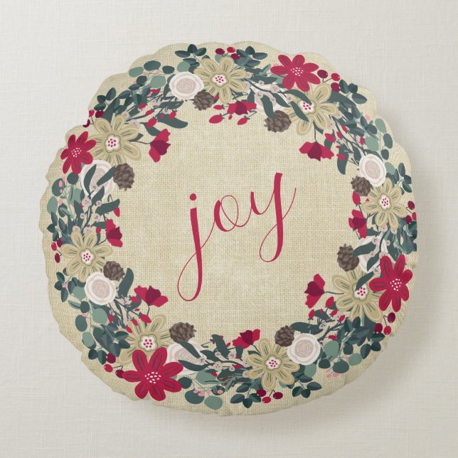 Joy - Reversible Floral Farmhouse Christmas Wreath Round Pillow (Front)