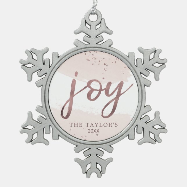 Joy | Rose Gold Holiday Snowflake Pewter Christmas Ornament (Front)