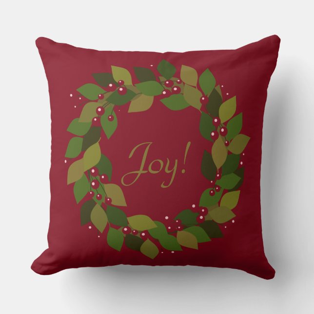 Joy! | Rustic Red Christmas Wreath Throw Pillow (Front)