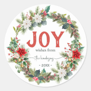 Joy Rustic Typography Name Christmas Wreath Red Classic Round Sticker