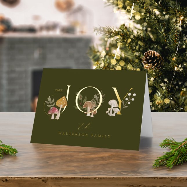 Joy Rustic Woodsy Watercolor Mushroom Christmas Foil Holiday Card (Joy Rustic Woodsy Watercolor Mushroom Christmas Foil Holiday Card)