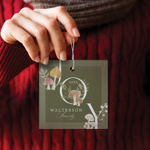 Joy Rustic Woodsy Watercolor Mushroom Christmas Glass Ornament