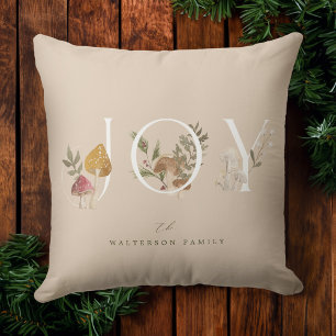 Joy Rustic Woodsy Watercolor Mushroom Christmas Throw Pillow