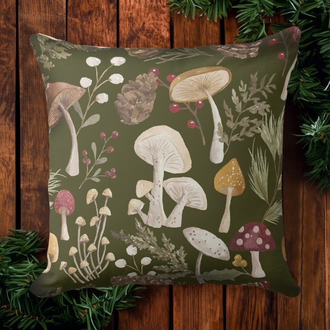 Joy Rustic Woodsy Watercolor Mushroom Christmas Throw Pillow (Joy Rustic Woodsy Watercolor Mushroom Christmas Throw Pillow)
