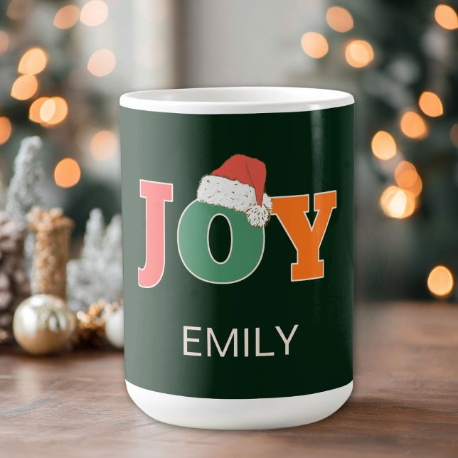 JOY! Santa Hat Script Typography Custom  Coffee Mug (JOY! Santa Hat Script Typography Custom Coffee Mug)