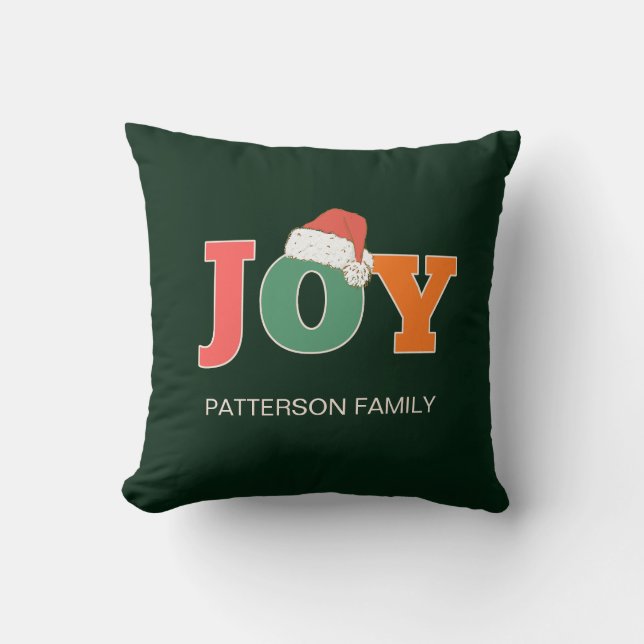 JOY! Santa Hat Script Typography Custom Family Throw Pillow (Front)