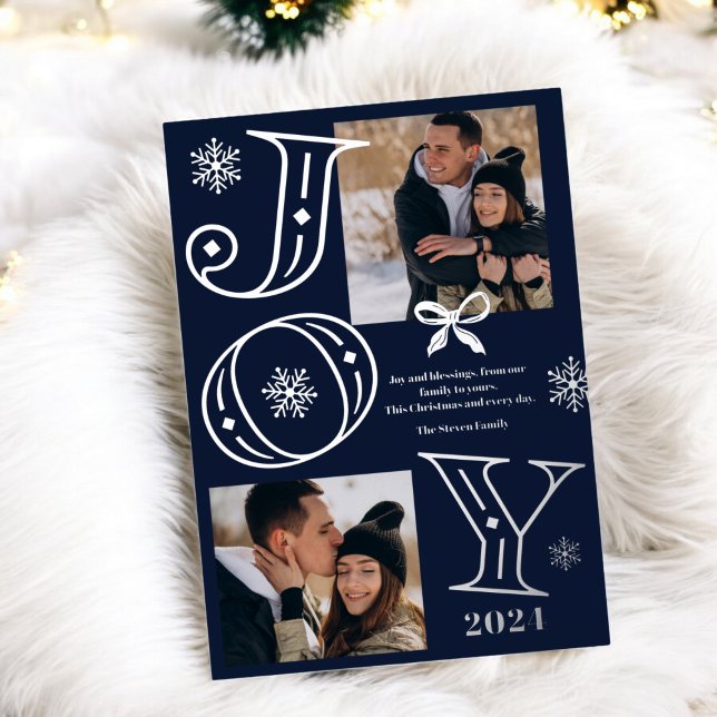 Joy script 2 photos snowflakes blue Christmas Foil Holiday Card (Joy script 2 photos snowflakes blue Christmas Foil Holiday Card)