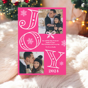 Joy script 2 photos snowflakes neon pink Christmas Holiday Card