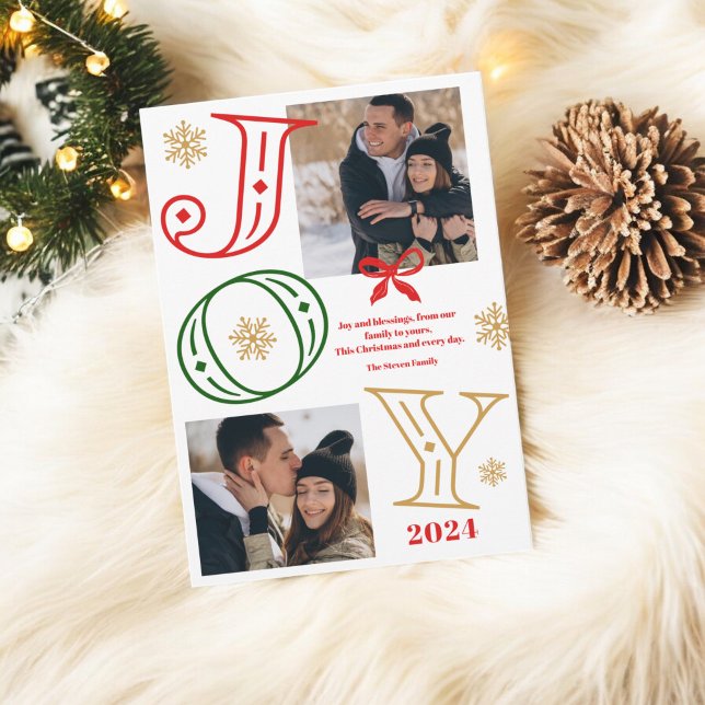 Joy script 2 photos snowflakes red green Christmas Holiday Card (Joy script 2 photos snowflakes red green Christmas Holiday Card)