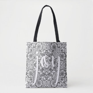 Joy Script Calligraphy Floral Black and White Tote Bag
