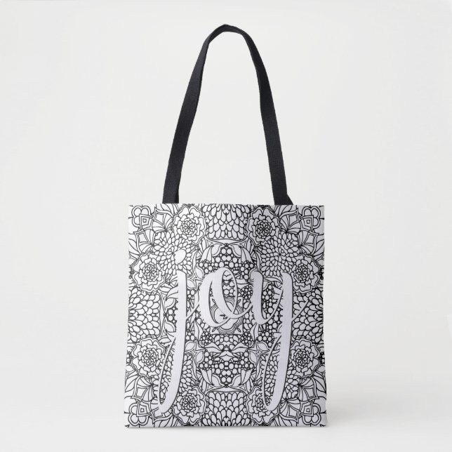 Joy Script Calligraphy Floral Black and White Tote Bag (Front)