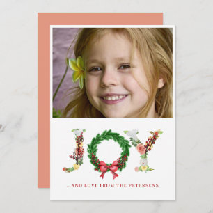Joy script Christmas floral wreath custom photo Holiday Card