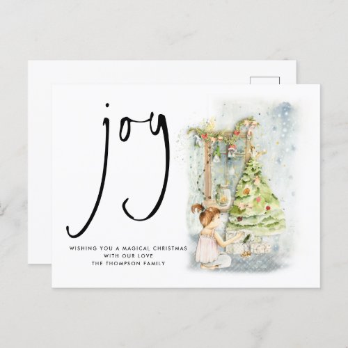 Joy Script Christmas Morning Girl opening Gift Postcard