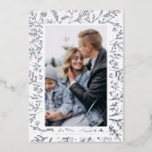 Joy Script Decorative Floral & Foliage Photo Frame Foil Holiday Card (Front)