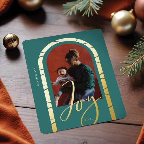 Joy Script Elegant Arch Photo Family Frame Foil Holiday Card
