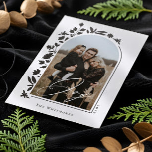 Joy Script Elegant Floral Arch Photo Christmas Letterpress Photo Cards