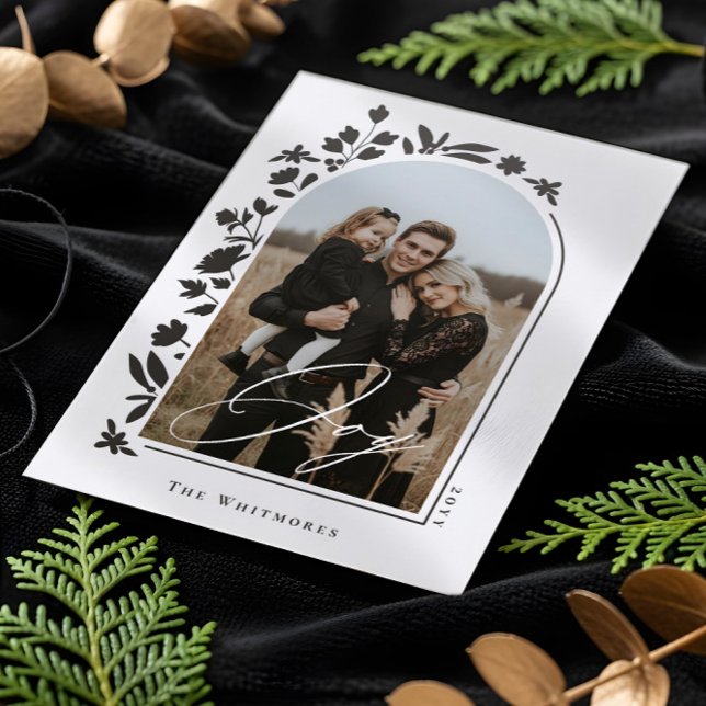 Joy Script Elegant Floral Arch Photo Christmas Letterpress Photo Cards (Joy Script Elegant Floral Arch Photo Christmas Letterpress Photo Cards)