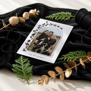 Joy Script Elegant Floral Arch Photo Christmas Letterpress Photo Cards