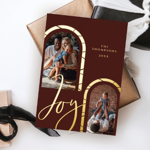 Joy Script Elegant Photo Family Modern Arches Foil Holiday Card